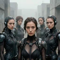 cinestill 5 0 d photographic portrait by helen levitt of a group of cute android women wearing rugged black mesh techwear in a foggy cement maze, extreme closeup, modern cyberpunk, dust storm, 8 k, hd, high resolution, 3 5 mm, f / 3 2, ultra realistic faces, intricate detail, ex machina