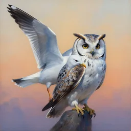 painting of hybrid between seagull & owl, intercrossed animal, by zdzislaw beksinski, by tiffany bozic, cold hue's, warm tone gradient background, concept art, beautiful composition, digital painting