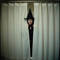 a witch hiding behind the shower curtain, film still from the movie directed by wes anderson with art direction by zdzisław beksinski, wide lens,