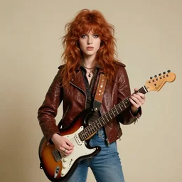 19-year-old girl, thick red shaggy hair, wearing leather jacket and denim jeans, holding electric guitar, stoner rock, super 8mm, 1973