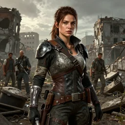 fallout 5, charismatic beautiful rugged brunette female protagonist, portrait, outdoors ruined cityscape, atmospheric lighting, painted, intricate, volumetric lighting, beautiful, daytime, slight overcast weather, sharp focus, deep colours, ultra detailed, by leesha hannigan, ross tran, thierry doizon, kai carpenter, ignacio fernandez rios