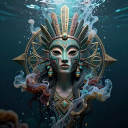 a centered full body render of an alluring goddess wearing a tribal mask surrounded by a underwater ink pour and flowing liquid galiumand sacread geometry, perfect face, powerful, cinematic, beautifully lit, by artgerm, by viktoria gavrilenko, 3 d, trending on artstation, octane render, 8 k