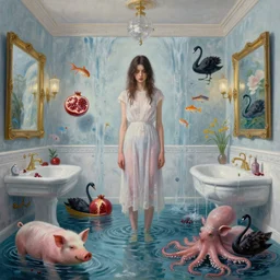 painting of a tall emo girl in her flooded bathroom, pigs, pomegranates, octopus, flooded, floating sculptures, luxury apartment bathroom, art on the walls, fish, zen, waterfall, black swans, canoe, berries, surrealist, by magritte and monet