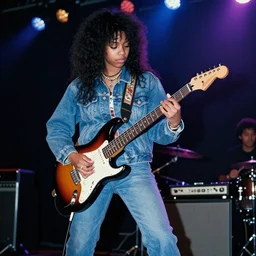 19-year-old black girl, African American girl, with long shaggy black hair, afro hair, wearing denim jacket and bell-bottom jeans, playing electric guitar, stoner metal concert, heavy blues rock, punk rock, noise rock, concert lighting, VHS quality, 1993 photograph