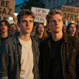 portrait, two guys with no idea how to handle the hamburg kiez nightlife desperate for normality, people protesting and revolting in the background, highly detailed, beautiful cinematic light deep focus, sharp focus, golden ratio, dramatic illumination, by nathan walsh