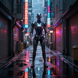 a cyberpunk cyborg android in an alley in future tokyo at night, reflections on wet ground by sachin teng and pascal blanche nekro josan gonzalez rhads ruan jia. in style of digital art. cinematic lighting, film noirs, symmetry, vibrating colors, hyper detailed. octane render, artstation, clear, sharp, straight lines
