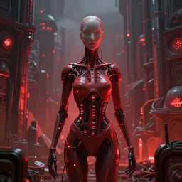 Portrait Masterpiece, slim Woman, face-less,  h.r. giger city, red, glowing, wires everywhere, by Edgar Maxence and Ross Tran, Zdzisław Beksiński, and Michael Whelan, distant, gustav dore, H.R. Giger, 8k, octane render