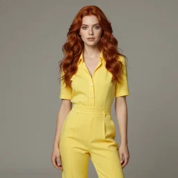 Beautiful redhead girl wearing yellow jumpsuit, realistic photo