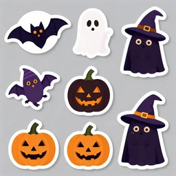 extremely cute halloween 5 sticker set, adorable bat, witch, jacko lanterns, modern trendy clear background, 4 k,