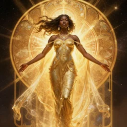 black african princess, warm volumetric lighting, cosmic, symmetric, highly detailed, elegant, concept art, heavenly, god rays, glowing aura, intricate, sharp focus, illustration, alexandros pyromallis, bouguereau, rutkowski, artgerm, alphonse mucha