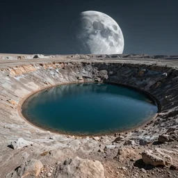 highly detailed realistic photo of a water lake formed in moon craters, wide angle shot, moon is visible, award winning masterpiece art, hyper realistic, concept art, 8 k detail post - processing