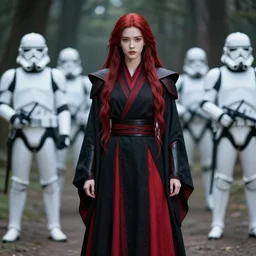 small, thin, delicate, feminine, beautiful female sith warrior, determined, powerful, with smooth porcelain skin, long flowing red hair, wearing black and red imperial sith military robes, outdoors in the forest, imperial soldiers in the background, full body portrait, centered composition, professional photoshoot, extremely detailed