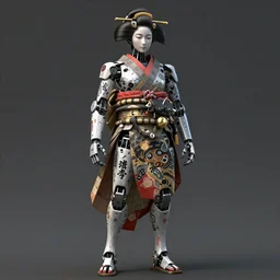 full body portrait of a Japanese robot geisha with kanji tattoos and decals, intricate, octane render, ultra fine detailed, character design, trending on artstation