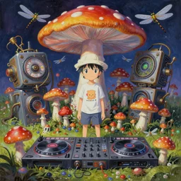surreal gouache painting, by yoshitaka amano, by ruan jia, by Conrad roset, by good smile company, detailed anime 3d render of a  wild mushroom  Surrounded by magical Dragonflies and a big DJ Mixer, deck,  portrait, cgsociety, artstation, rococo mechanical and Digital  and electronic, dieselpunk atmosphere