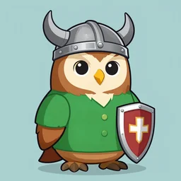 An award winning cartoon of an anthropomorphic owl wearing a viking helmet and a green shirt with a shield on the side. Artstation Commission.