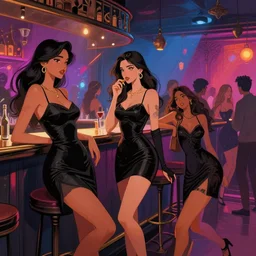 trending on artstation, illustration, fantastically beautiful, aesthetically inspired by beksinski and dan mumford, dynamic lighting, sensual beautiful delhi girls wearing western little black dresses at the bar inside a busy nightclub, by inyi han and greg rutkowski vibrant colours, digital art, art by greg rutkowski, winning award masterpiece, epic scene