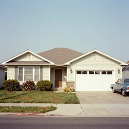 1 9 6 7 washed out kodachrome photo of an ordinary 1 9 6 7 suburban ranch house, garage, car, bushes