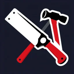 graphic design of handsaw and a hammer limited colors sharp angles, black white and red, dark navy background, isometric style inspired by fascism