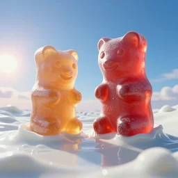 side view of a couple oversized huge ( gummi bears ) that float in wavy white vitamin d milk. a milk planet with gummi bear. blue sky morning sun on horizon. digital art, octane render, cgsociety award winner, ue 5, 4 k, dramatic lighting, subsurface scatter, hdr, hq.