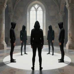 realistic painting of five black hooded super - tall and slim people standing around a white circle drew on the floor of an ancient castle cold room, low white light from big windows on the background