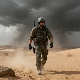 NCR Ranger walking through a harsh desert storm, cinematic, 4k, detailed, trending on ArtStation, unreal engine 5