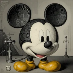 deconstructed rugged mickey mouse body parts dark ritual renaissance mysterious magical object illustrated by by goya and escher and hogarth, inspired by magritte, illusion surreal art, highly conceptual figurative art, intricate detailed illustration, flat acrylic painting, monumental dynamic illustration, surreal art, detailed illustration