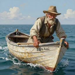 a matte painting of an old man holding on in a fishing skiff as he is pulled out to sea, in the style of, greg rutkowski, digital painting, photorealistic, ornately detailed, unreal engine, extremely detailed masterpiece, illustration, trending on artstation