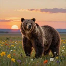 a painting of an ultra realistic highly detailed grizzly bear standing in a field of flowers watching a beautiful sunset by craig mullins, trending on artstation, color field, concept art, artstation hd, highly realistic drawing