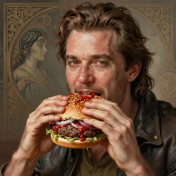 portrait of a kosmo Kramer eating a hamburger, extra onions and ketchup, luscious patty with sesame seeds, masculine, handsome, D&D, fantasy, intricate, elegant, highly detailed, digital painting, artstation, concept art, matte, sharp focus, illustration, art by Artgerm and Greg Rutkowski and Alphonse Mucha