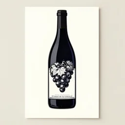 wine bottle label, linocut art print, grapes by greg rutkowski and thomas kinkade, vector graphic