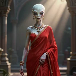 beautiful fashion human looking alien in red saree,, in the style of artgerm, and wlop, chanel jewelry, cinematic lighting, hyperdetailed, 8 k realistic, symmetrical, global illumination, radiant light, love and mercy, frostbite 3 engine, cryengine, dof, trending on artstation, digital art, crepuscular ray