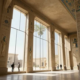 the inside of a monument with egyptian motifs, by tim blandin and arthur haas and bruce pennington and john schoenherr, big windows architecture by zaha hadid, octane render, cinematic, scenery, cgsociety, modernism, futuristic, trending on artstation, sci - fi, high detail, high quality, sharp focus, close up angle, people walking