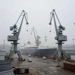 a foggy spaceship shipyard with huge cranes, hyperrealism, no blur, 4k resolution, ultra detailed, style of John Berkey, Norman Rockwell, Hans Thoma, Ivan Shishkin, Tyler Edlin, Thomas Kinkade