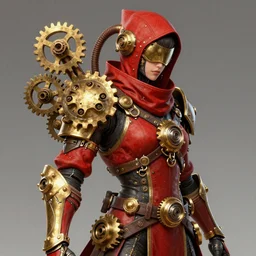 Portrait of a steampunk sci-fi cyborg ninja, third person, D&D, sci-fi fantasy, cogs:10, hoses:1, intricate, red and gold, highly detailed, art by Range Murata, highly detailed, 3d, octane render, bright colors, digital painting, trending on artstation, sharp focus, illustration style of Stanley Artgerm,