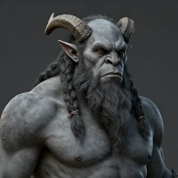 matte painting of goliath, orc, braided hair and beard. Grey skin. Elf ears, horns Portrait. Craig mullins. ArtStation, CGSociety, Unreal Engine