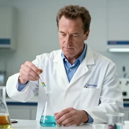 arnold schwarzenegger in a labcoat mixing chemicals