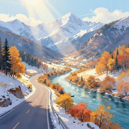 Peace valley landscape wonderland road and river winter fall pastel beauty Digital painting artstation by Krzysztof Maziarz   A Spectacular View  cinematic  rays of sunlight  comic book illustration, by John Kirby