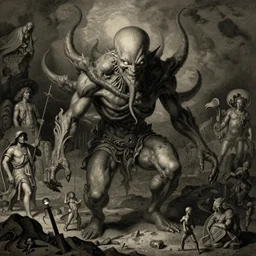 cthulhu by gustave dore albrecht durer leonardo da vinci rembrandt hieronymus bosch moody lighting octane unreal engine 5 highly detailed complexity 4 k 8 k