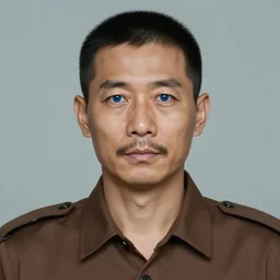 a man in a brown uniform with short black hair, he is in his 40s, he has blue soggy eyes, he has a short rectangular mustache.