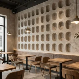 realistic rendering for interior design, cafe, bruatlism structure on the wall