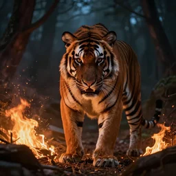 tiger in the forest nigth, scared, fire, highly detailed, digital painting, concept art, sharp focus, illustration, beautiful volumetric lighting, epic light, artstation - w 7 4 0