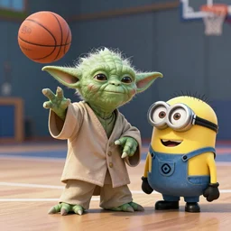 Yoda is playing basketball with a minion