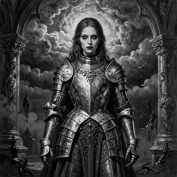 By Tom Bagshaw, ultra realist soft painting of a gothic crypt by night, Gothic fully armored female, horror, omnious sky, symmetry accurate features, very intricate details, black and white, volumetric light clouds