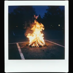 FRactal made of fire in a parking lot, polaroid photo, dreamy, autochrome
