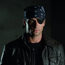 michael biehn as solid snake in metal gear 2, clean cut wearing a bandanna and an eye patch, 1 9 9 0, dark atmosphere, movie still