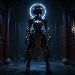 a dark, back lit, silhouette of a mechanised cyber geisha, beautiful, detailed intricate traditional clothing, neon light halo, standing in font of a dark corridor,