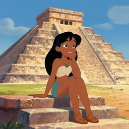 girl Chel from the cartoon the road to Eldorado sits on the steps of the Aztec pyramid, digital art, portrait, classic Disney animation and dream works, play of light and shadow, attention to detail, realistic proportions,