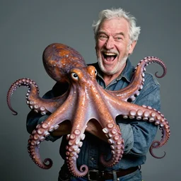 a widescreen colorchrome portrait photo of a old happy screaming man holding a giant giant octopus with 6 eyes, style steve mccurry octane render 8 k
