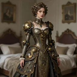 woman model, intricate steampunk, clothes in a bedroom!!!!!!!!!!!!!!!!!!!!, vaporwave, intricate clothes, elegant, highly detailed, digital painting, artstation, concept art, smooth, sharp focus, illustration, art by krenz cushart and artem demura and alphonse mucha