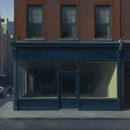 dark city all stores cloded, except one, painted by Edward Hopper and James Gilleard, oil painting